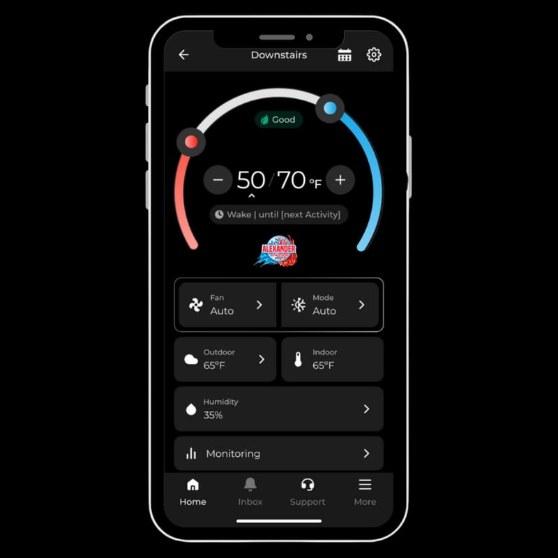 Smart thermostat app controlling an Alexander-installed HVAC system in Charleston SC